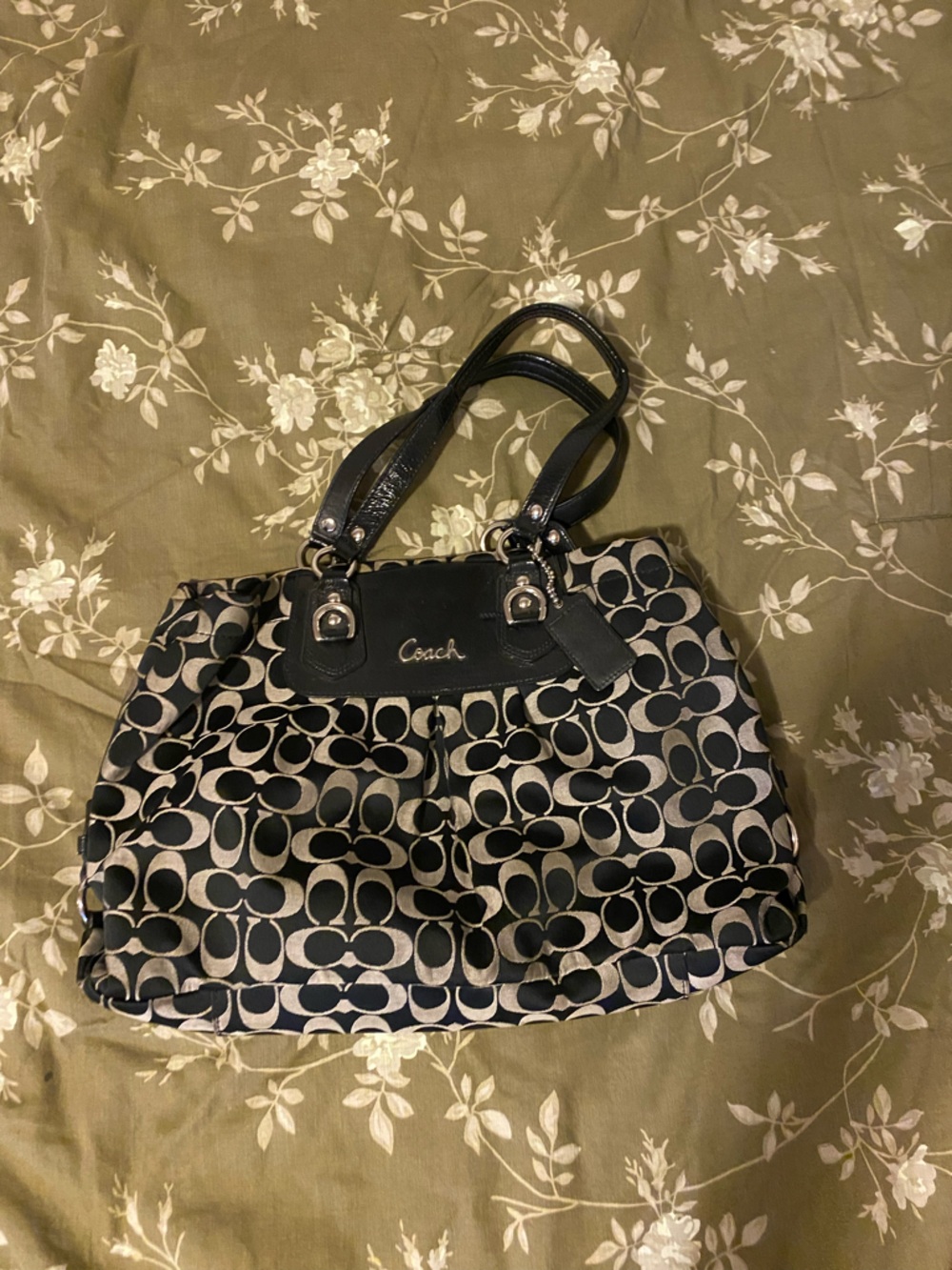 Coach Black and Cream Signature Logo Tote Bag